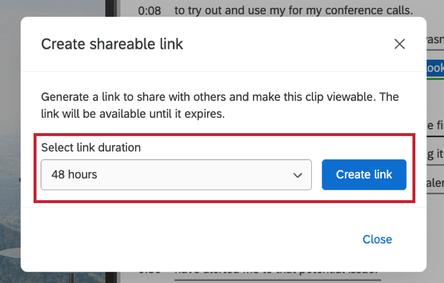 generating a shareable link for a video clip - option to select the duration