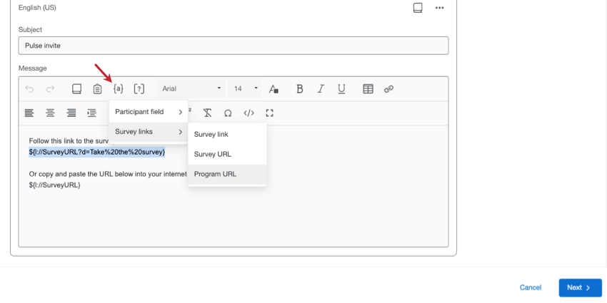 botão texto transportado expandido para mostrar a opção de URL do programa