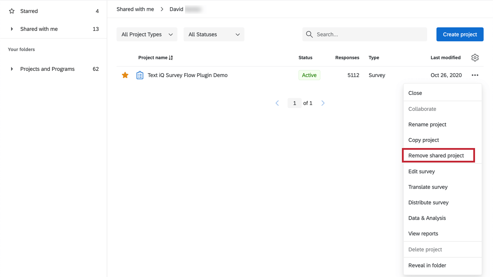 Option „Geteiltes Projekt entfernen“ im Dropdown-Menü rechts neben dem Projekt