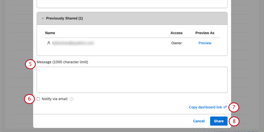 adicionar uma mensagem e salvar as configurações de compartilhamento