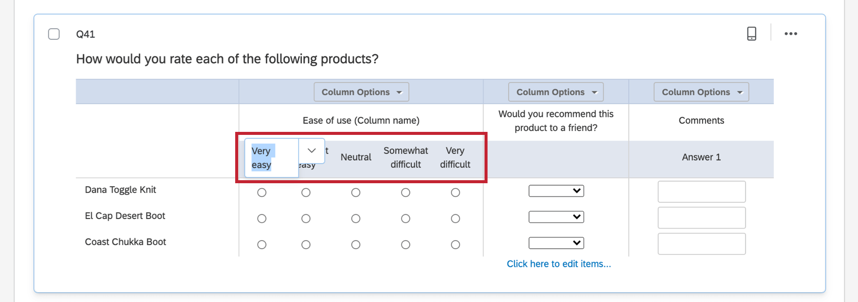clicking on the text of choices in likert column to change their names