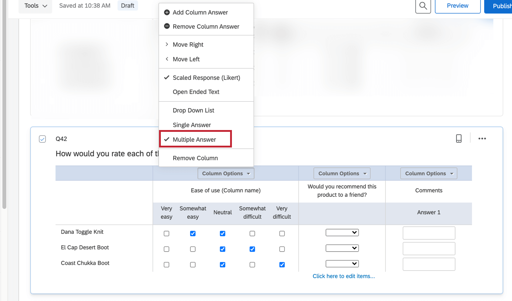 multiple answer option under the column options dropdown