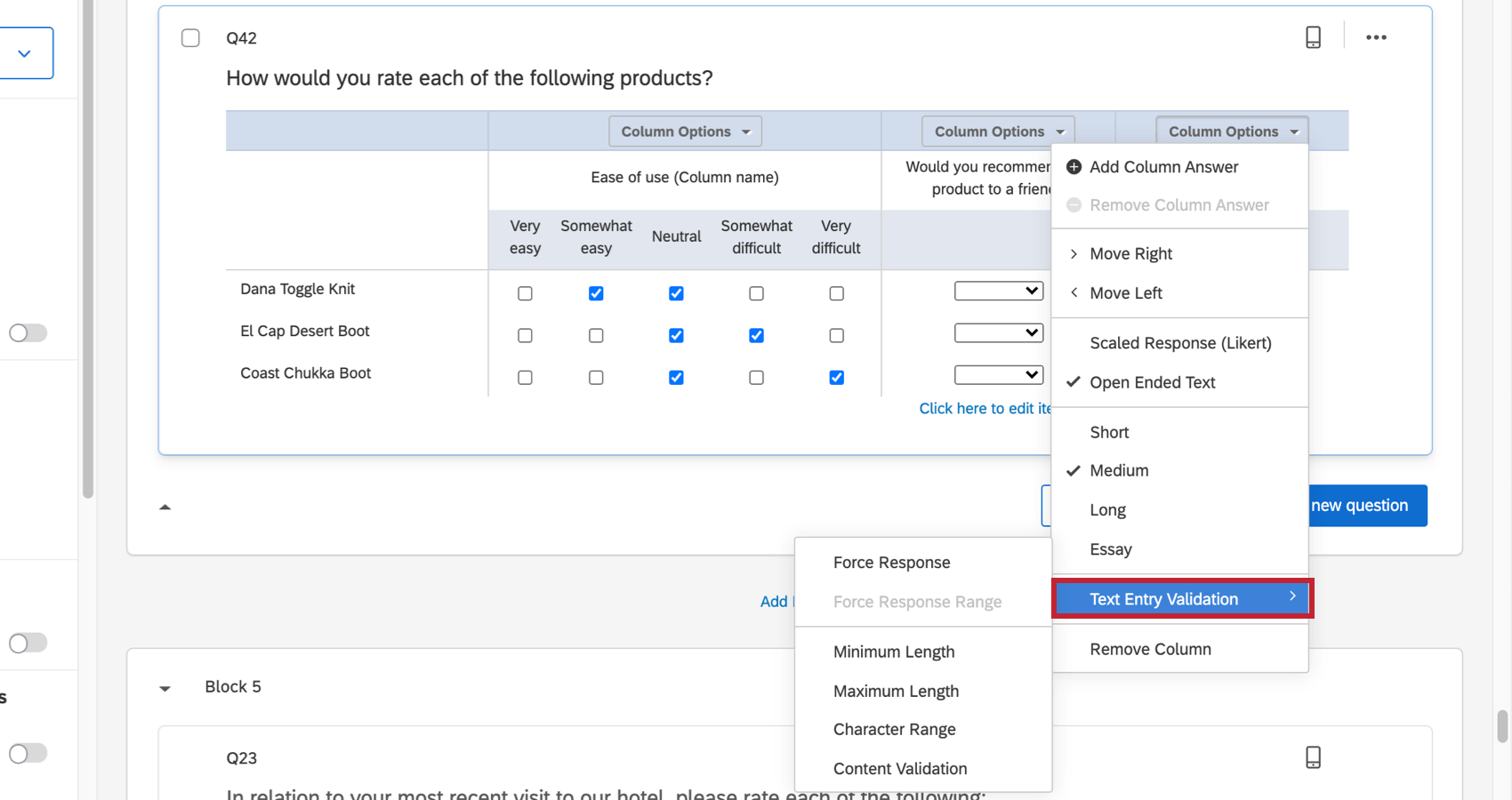 using column options to set text entry validation on an open ended text column