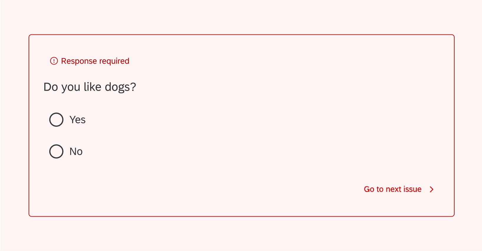 Empty multiple choice with Response Required alert above, background is white, text is black, and alert is red