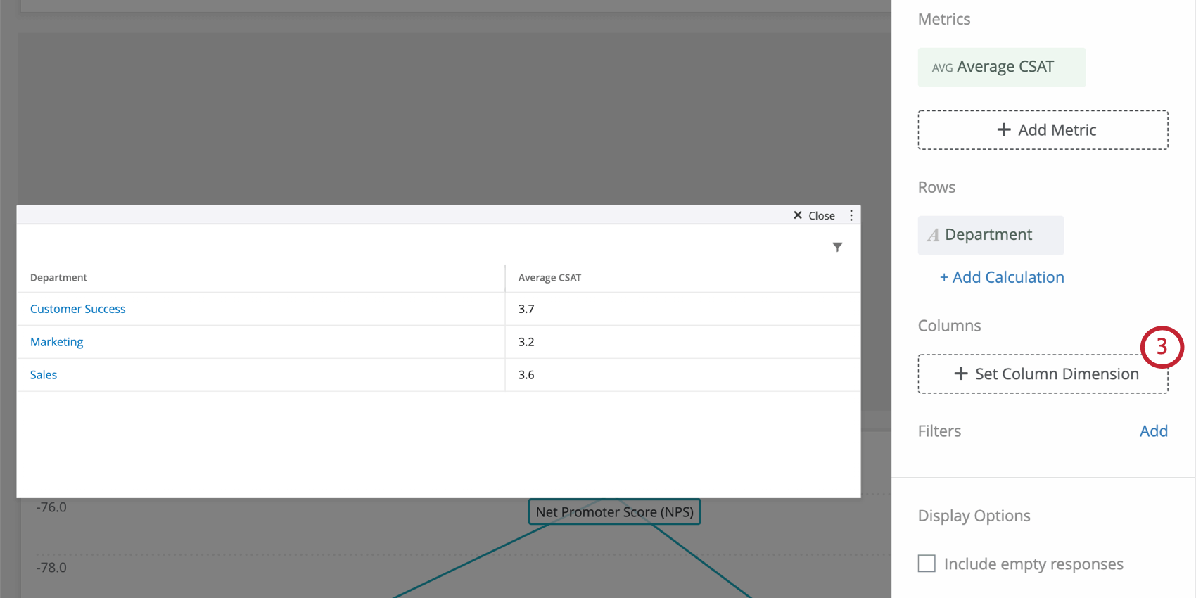 Simple table now also has a row added, so we see separate CSATs for different departments, such as marketing, customer success, and sales. These are rows of the table