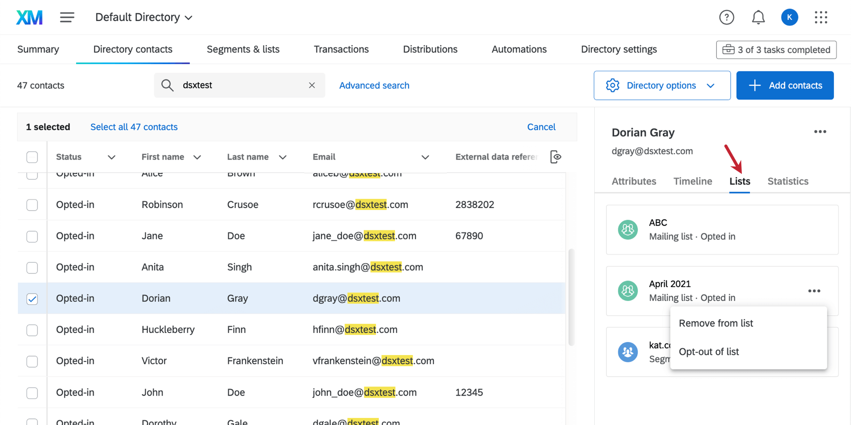 Lists tab