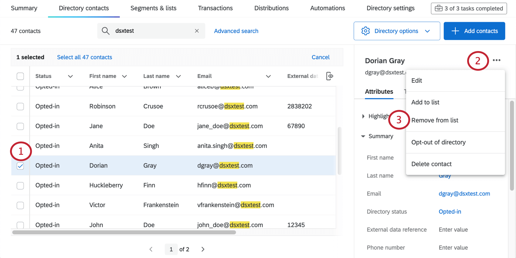 Ein Kontakt ist ausgewählt, und in der Dropdown-Liste ganz rechts wird die Option zum Hinzufügen und Entfernen aus Listen angezeigt.