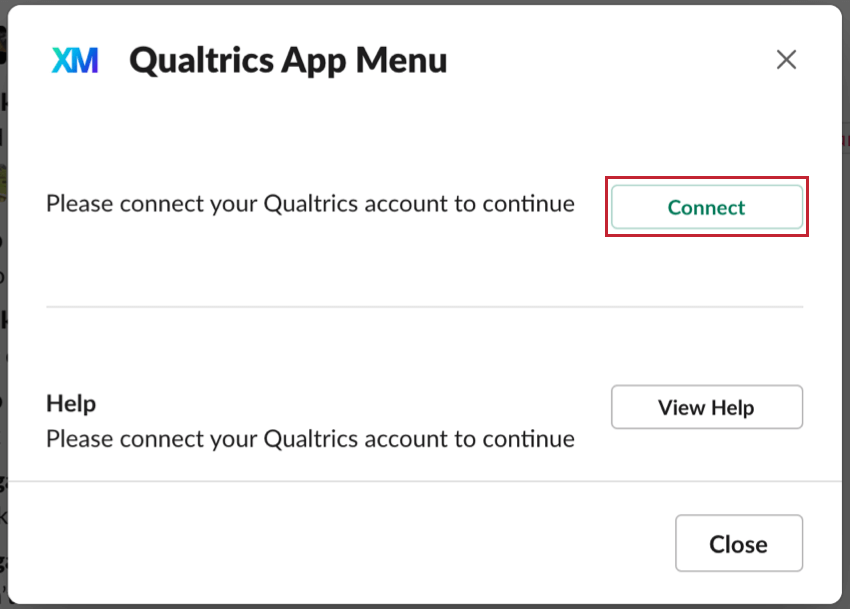 slackで開いたクアルトリクスアプリメニューウィンドウの右上に緑色の接続ボタンがあります。