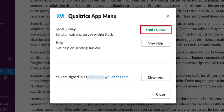 slackの新しいクアルトリクスウィンドウの右上にある緑色のアンケート調査送信ボタン