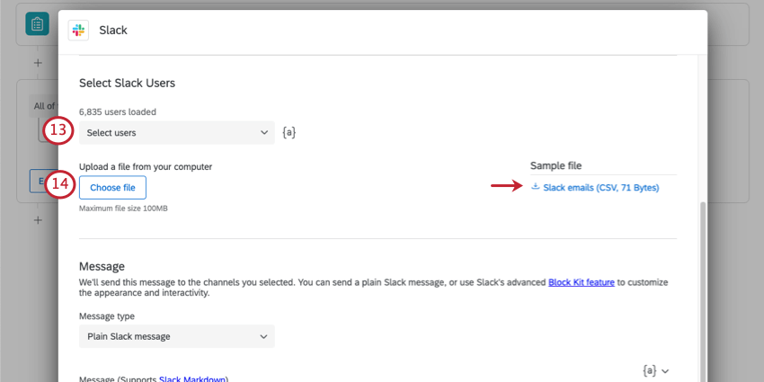 Encabezado que dice Seleccionar usuarios de Slack. Debajo hay un menú desplegable que informes el número de usuarios cargados y le permite seleccionarlos. Luego aparece un botón para elegir archivo donde puedes cargar un archivo, con una muestra que puedes descargar en el extremo derecho.