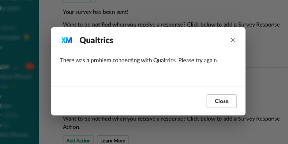 une image de la page Il y a eu une erreur de connexion avec Qualtrics. Veuillez réessayer message derreur
