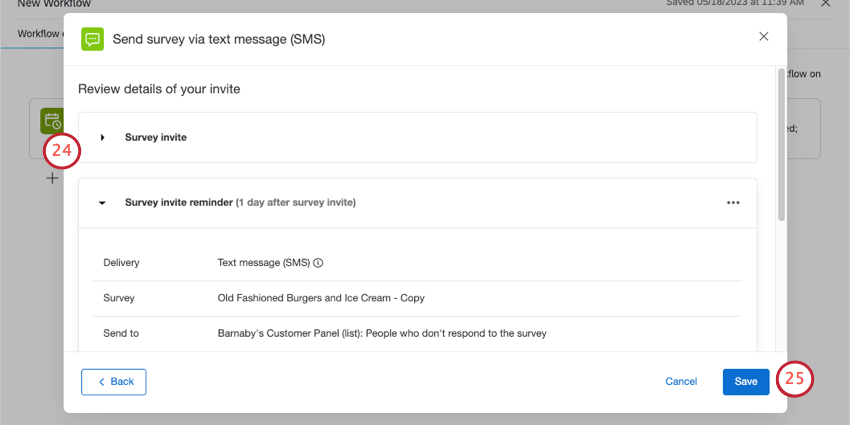 screenshot of final screen with SMS invite and reminder summary