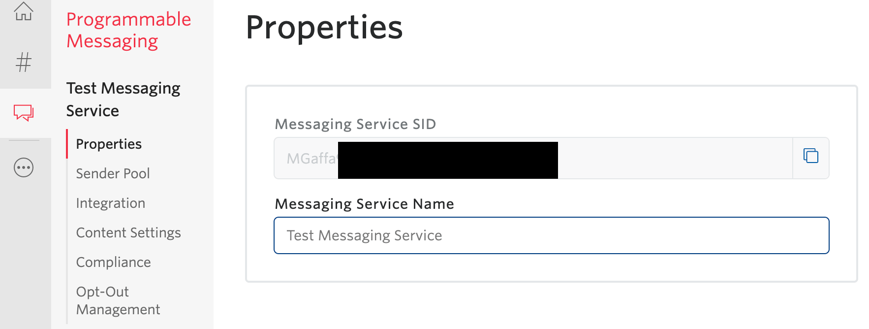 Properties tab in Twilio