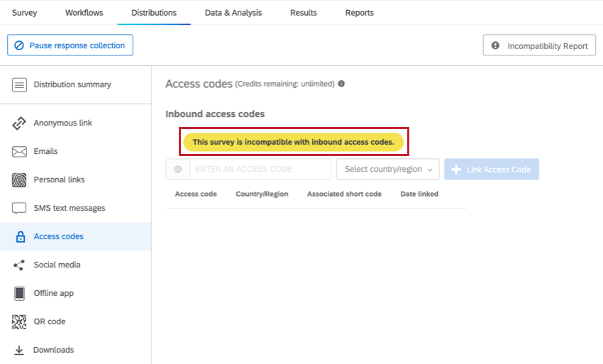 incompatible message on a survey distribution