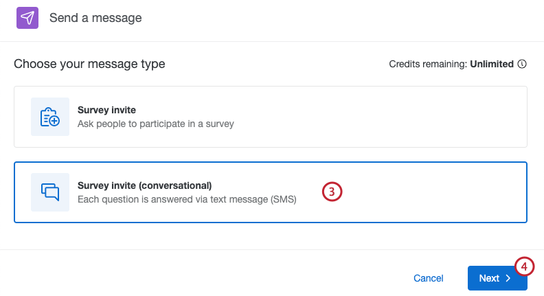 selecting a conversational survey invite as the message type