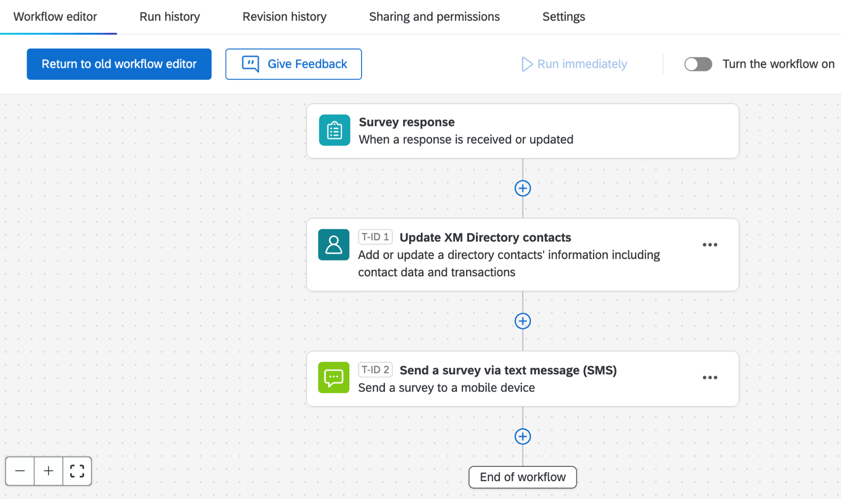 Workflow with survey event, single profile update task, and SMS task