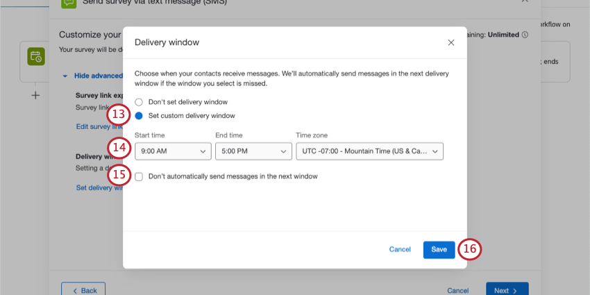 Window where custom delivery settings are configured