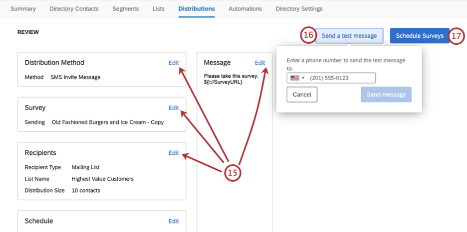 Tabela que resume todas as diferentes configurações da distribuição, com um botão de edição avançar de cada uma. No canto superior direito, onde você pode testar ou enviar