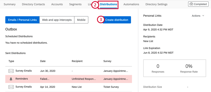 la ficha distribuciones en el directorio xm. el botón Crear distribución está seleccionado