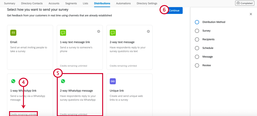 Registerkarte "Distributionen" im xm directory. Die Option "2 way whatsapp" ist ausgewählt.