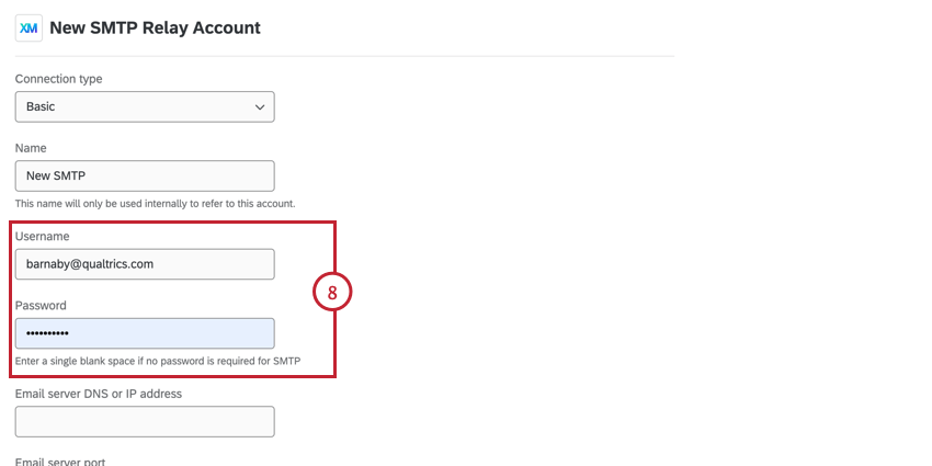 the username and password fields for basic smtp authentication