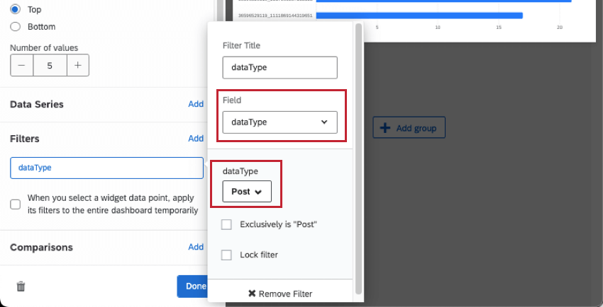 widget filtro per il tipo di dati impostato su Post