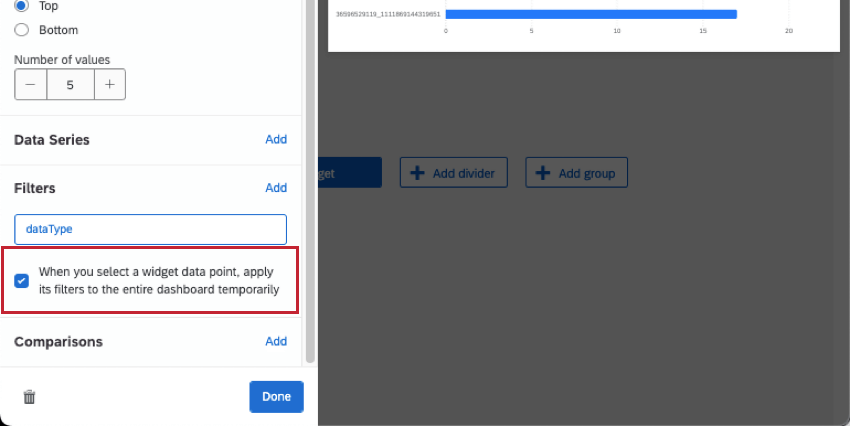 widget nomeada Quando você seleciona um ponto de dados widget, aplicar seus filtros a todo o dashboard temporariamente