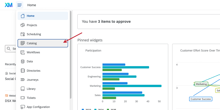 clicking hamburger menu top of every Qualtrics page and selecting catalog