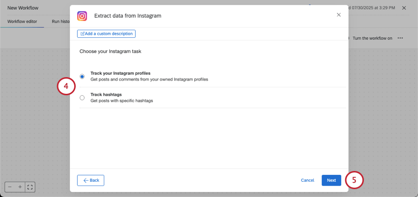 window where you decide what to track in Instagram
