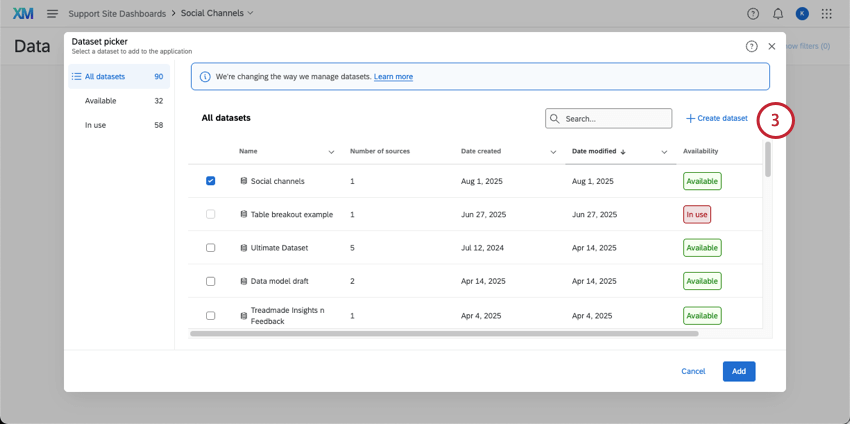 embedded window where you create and add datasets to dashboards