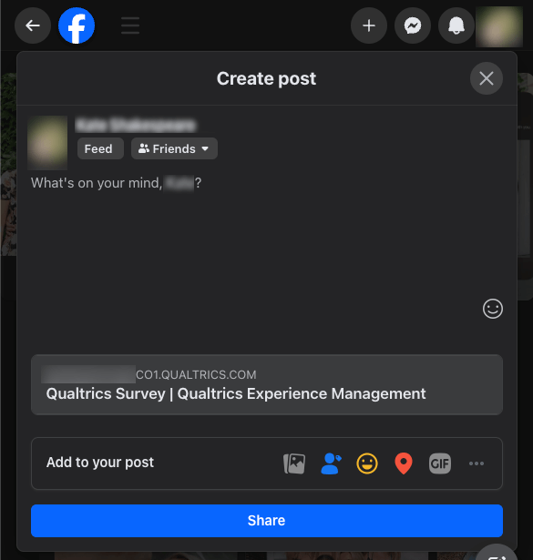 クアルトリクスアンケートのプレビューを含む、facebook投稿をカスタマイズするウィンドウ