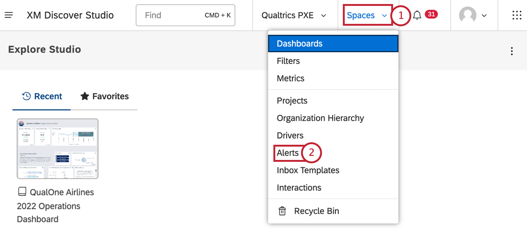 clicking user icon in studio and navigating to alerts