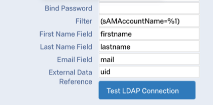 first name field firstname, last name field lastname, email field mail, external data reference uid