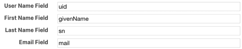 user name field UID, first name field given naem, last name field SN, email field mail