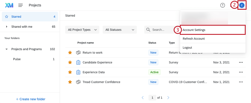 Cómo navegar a la configuración de la Cuenta en su cuenta de Qualtrics