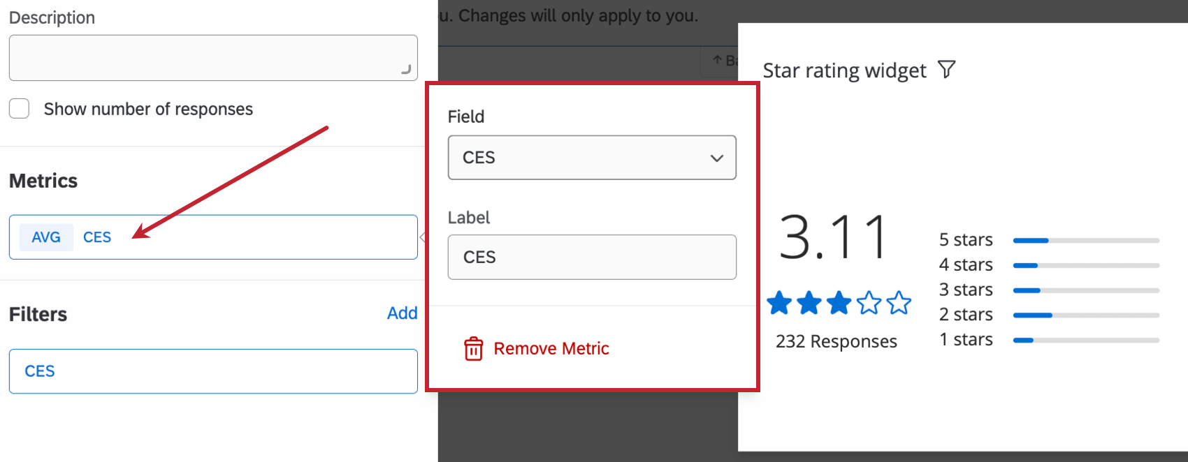 Metrik-Dropdown im Menü zur Anpassung des Widgets
