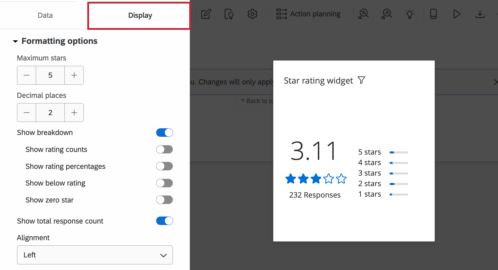"Display" tab within the widget customization panel