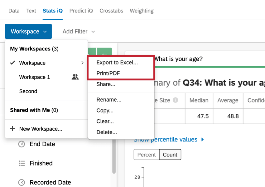 Workspace dropdown expanded, workspace highlighted, options for export and print