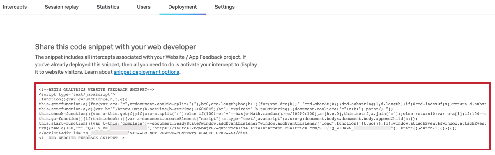 Abschnitt Bereitstellung. Unter den Navigationsleisten befindet sich ein großes Feld mit JavaScript-Code.