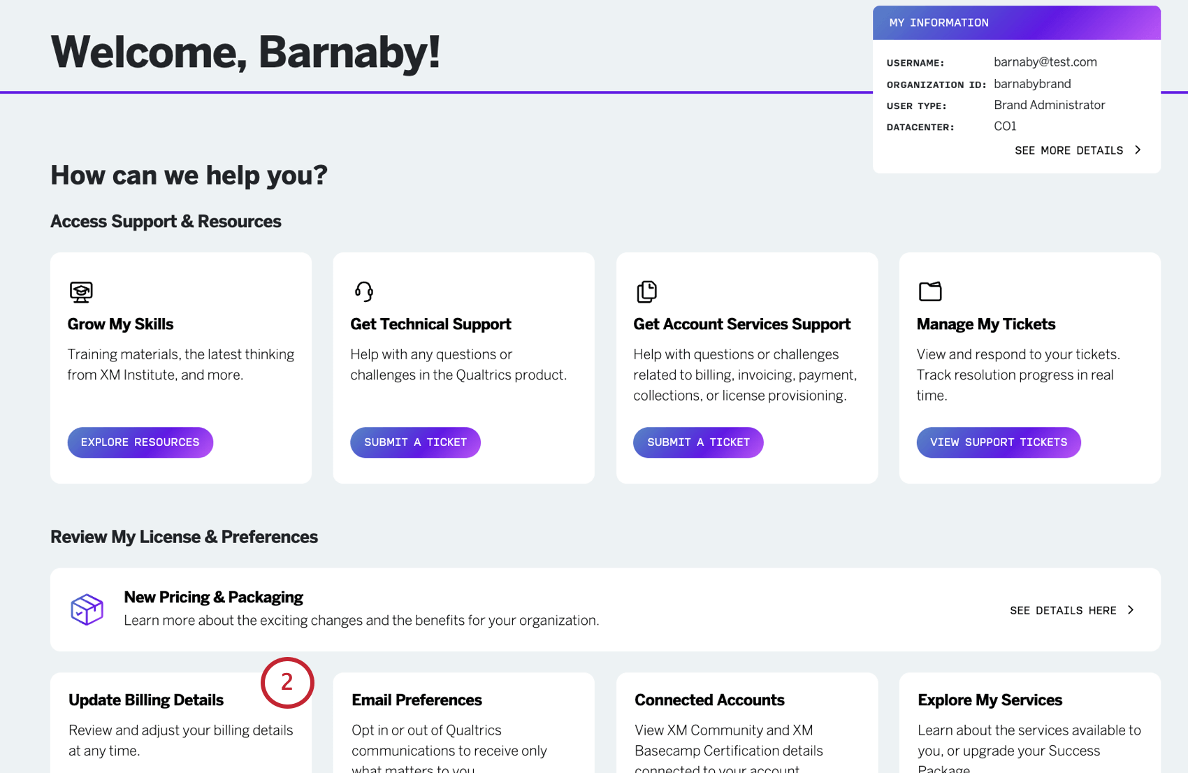 homepage of hub, billing details button at bottom highlighted