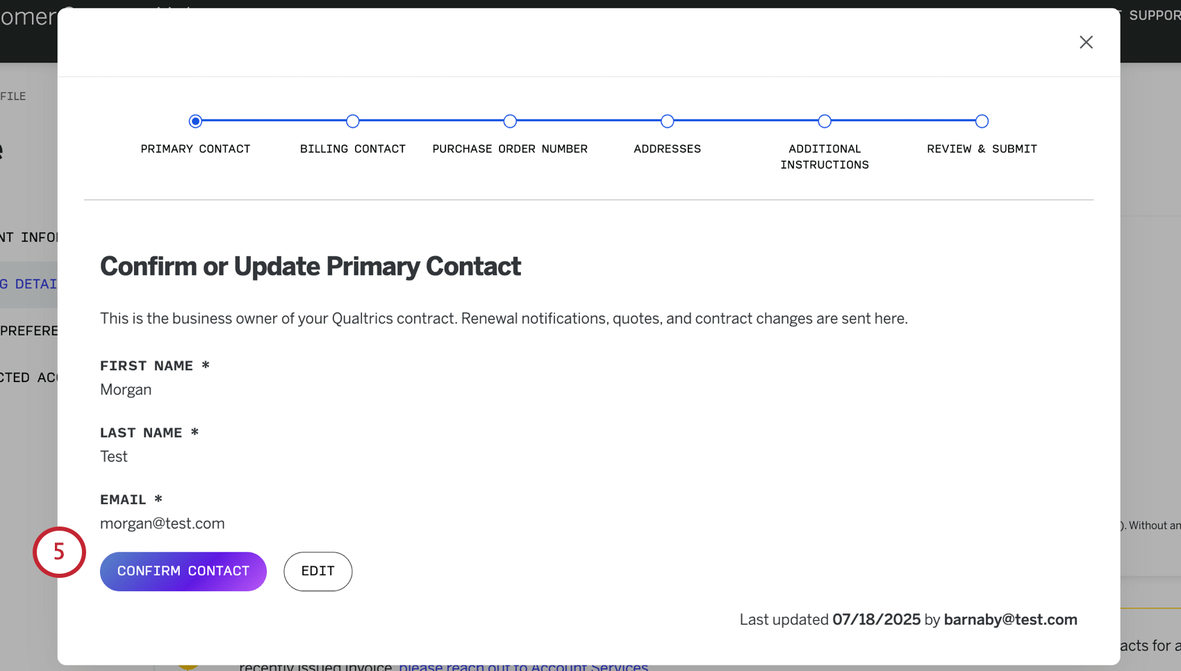 page where you enter primary contact