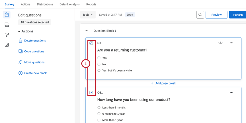 selecting multiple questions in the survey editor
