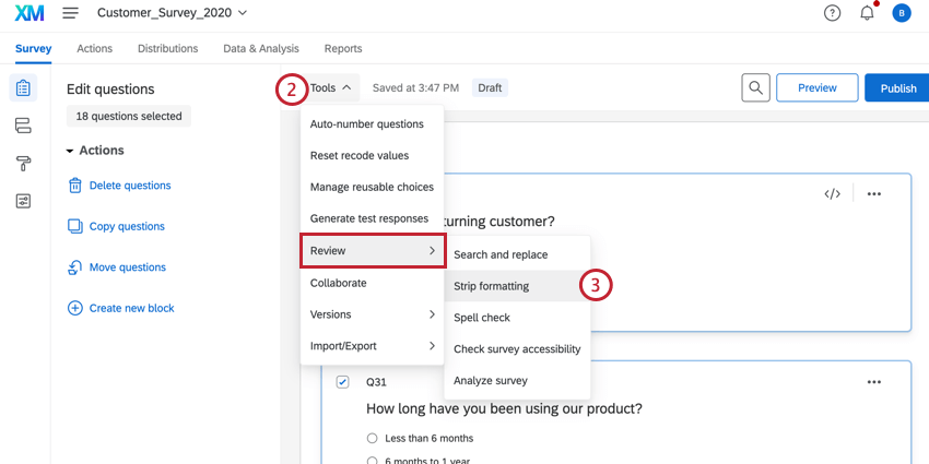 clicking tools, hovering over review, and selecting strip formatting