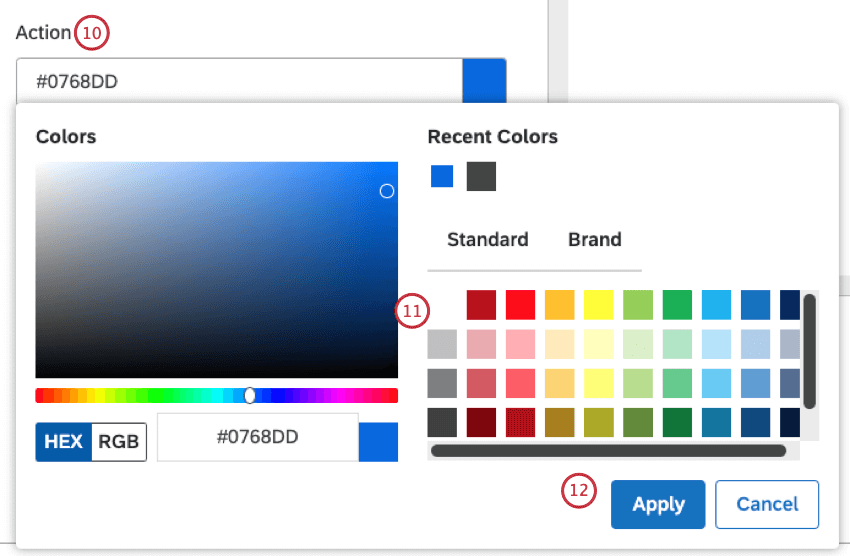 hex color selected for action