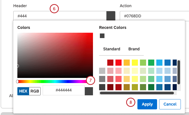 choosing the hex code color for the header