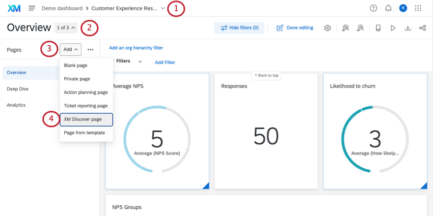 Adding an XM Discover page in a Qualtrics dashboard