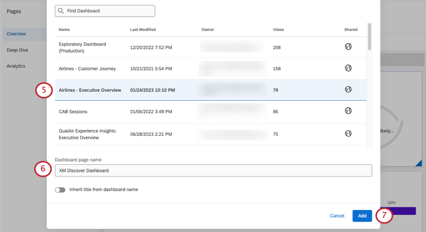 Window that shows dashboards you have access to