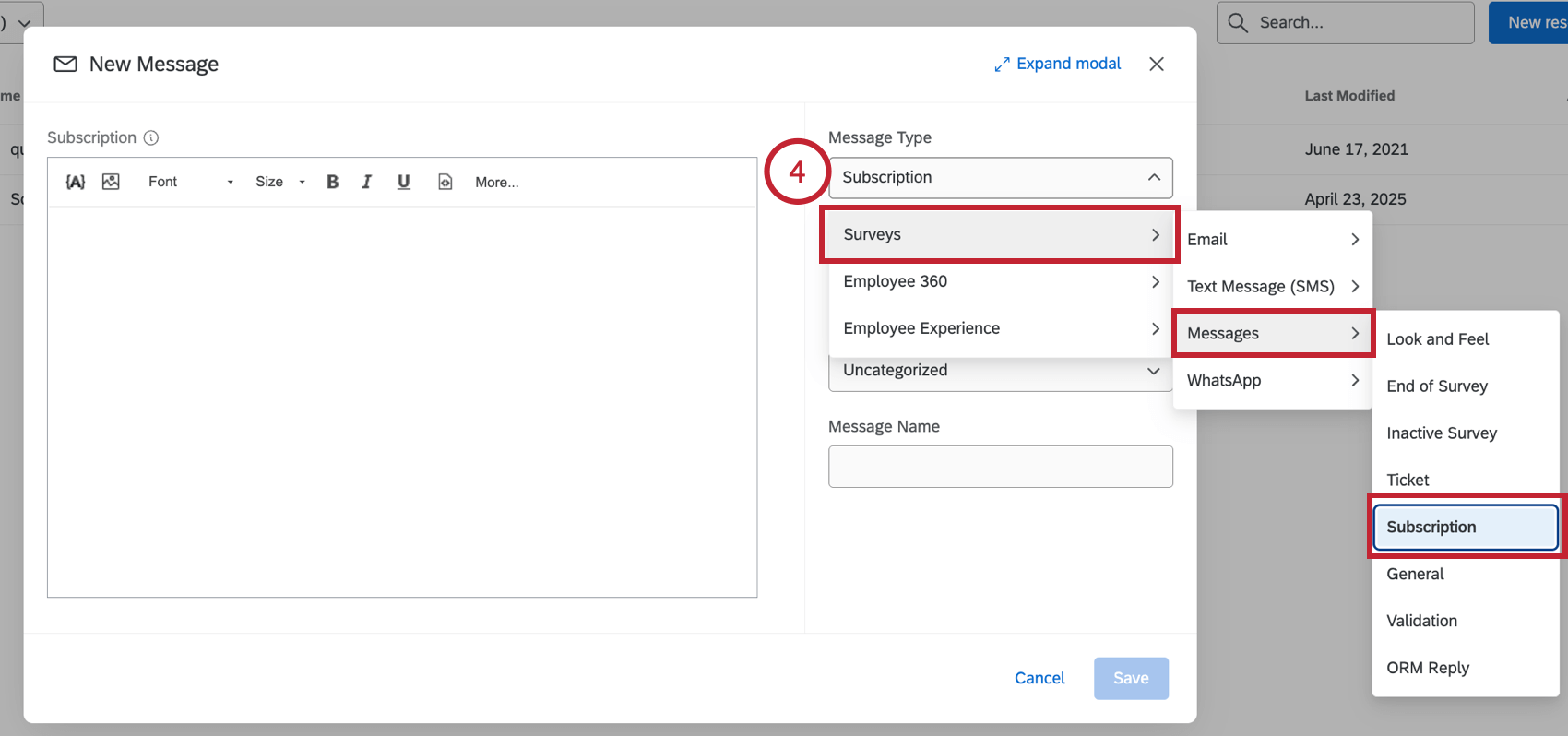 Configurar el tipo de mensaje como suscripción