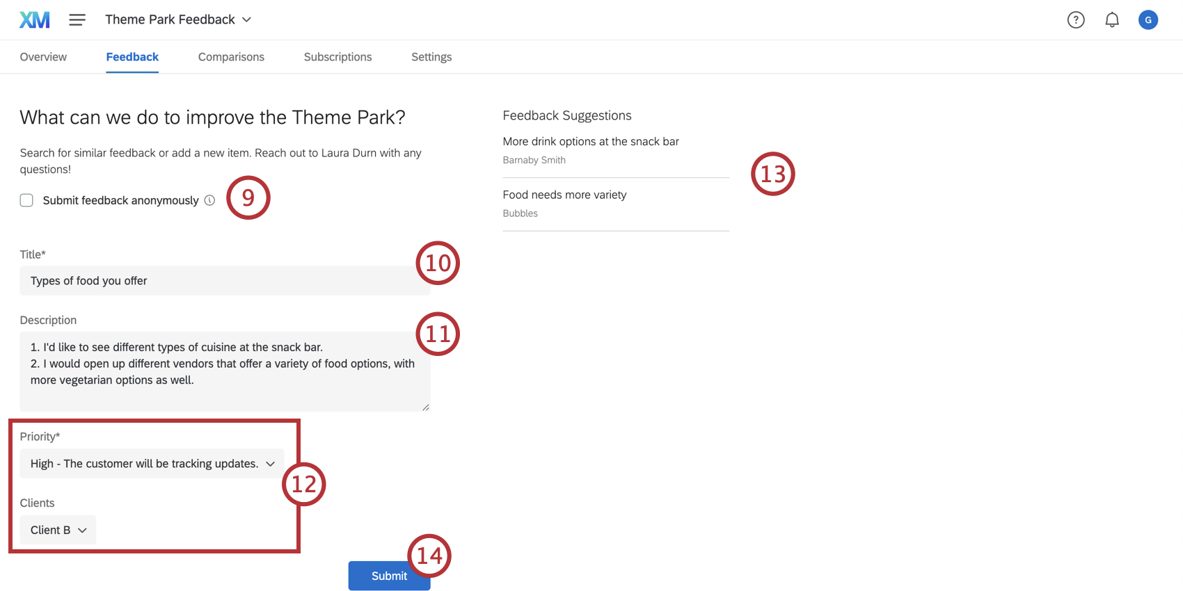 Envio de feedback com um formulário de feedback; cada campo é indicado