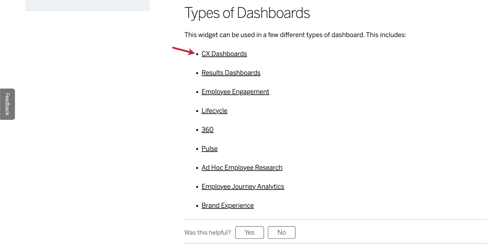 image of a support page with a section named types of dashboards. this section shows a list of dashboards supported, including CX Dashboards